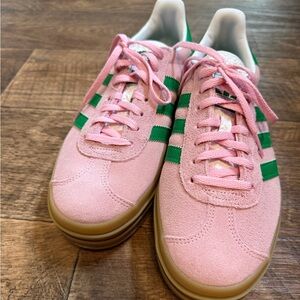 adidas Pink Suede Sneakers with Green Stripes and Gum Sole